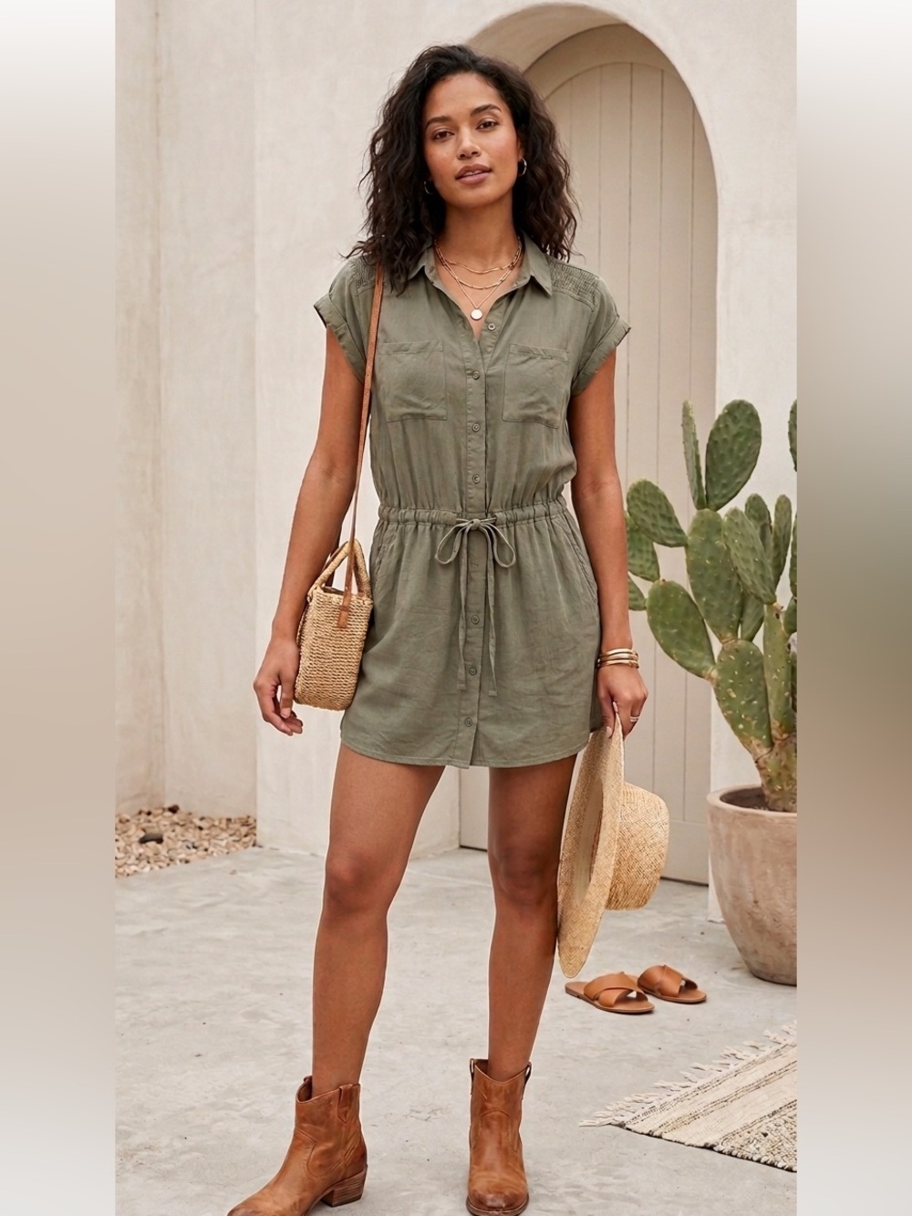 Tribal Jeans Olive Green Utility Shirt Dress